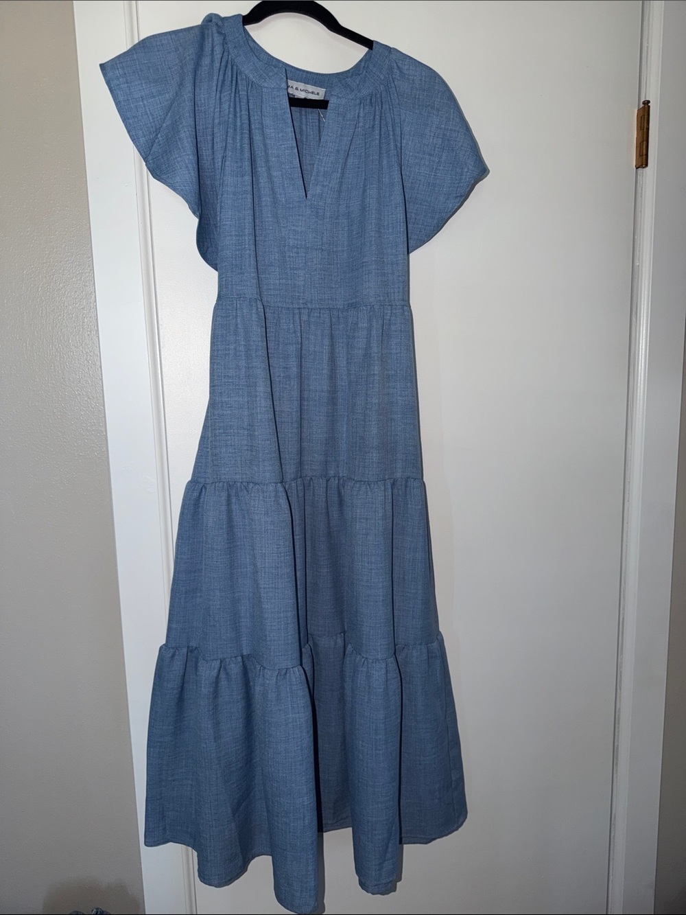 Light Blue Tiered Maxi Dress with Flutter Sleeves by Unbranded